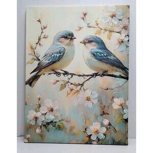 12X16 Canvas Lithograph On Wood Frame 2 Bluebirds On A Branch